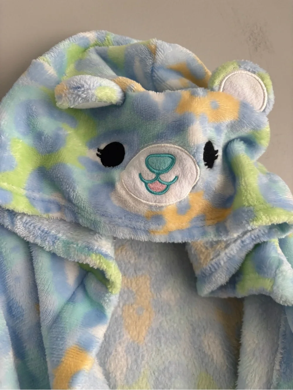 Squishmallows Pastel Blue Bear Hooded Robe with Yellow & Green Accents